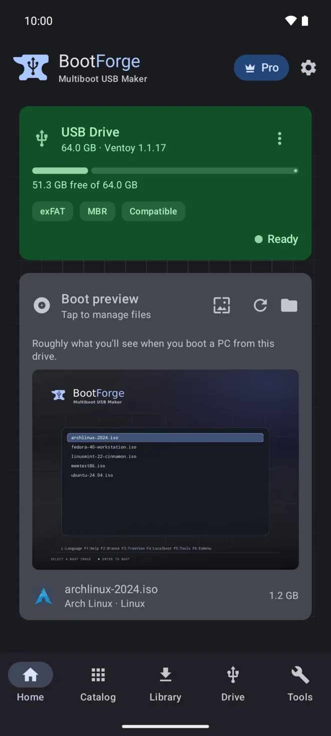 The BootForge home screen with a 64 GB Ventoy drive connected, showing free space, exFAT and MBR badges, and a preview of the boot menu.
