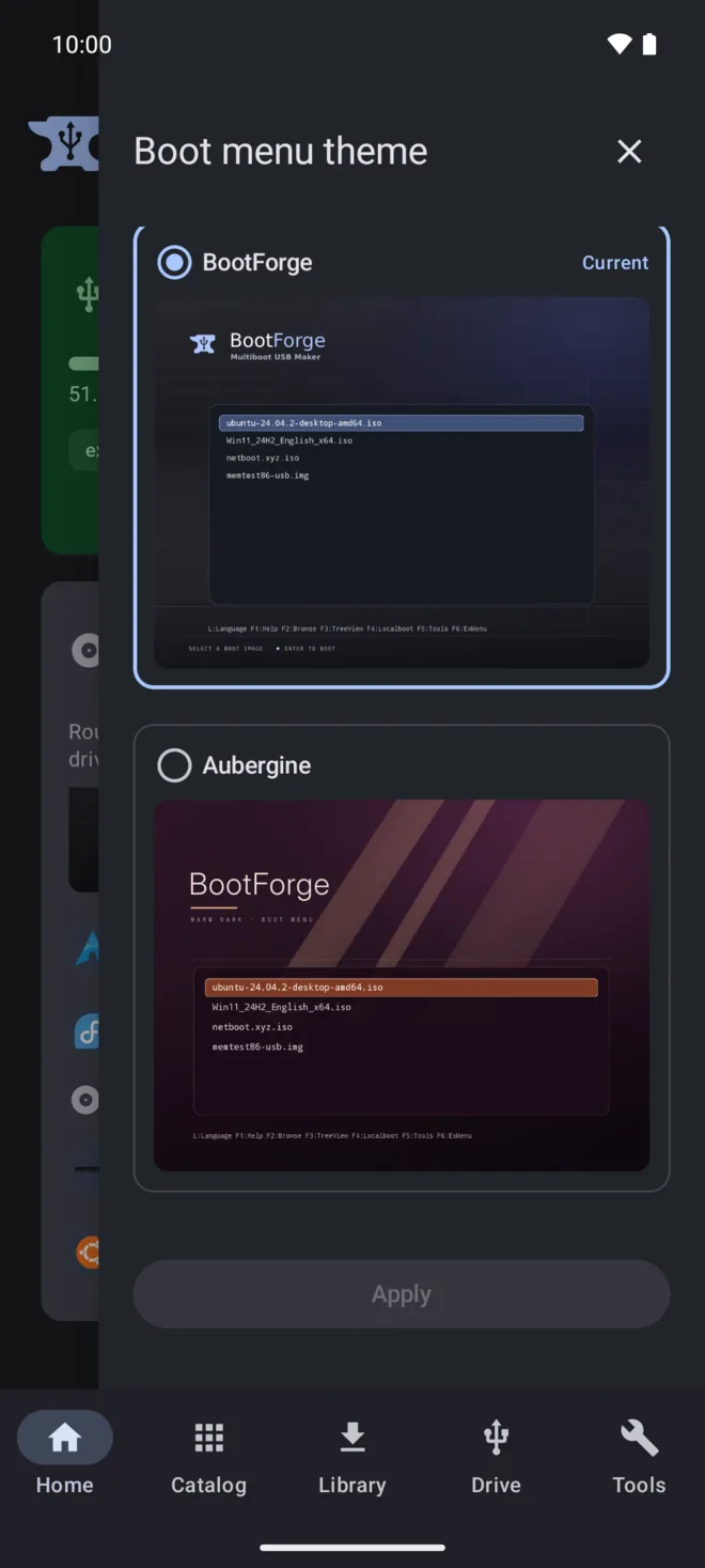 The boot-menu theme picker showing the free BootForge theme selected and the Aubergine theme below it, each with a preview of the menu.