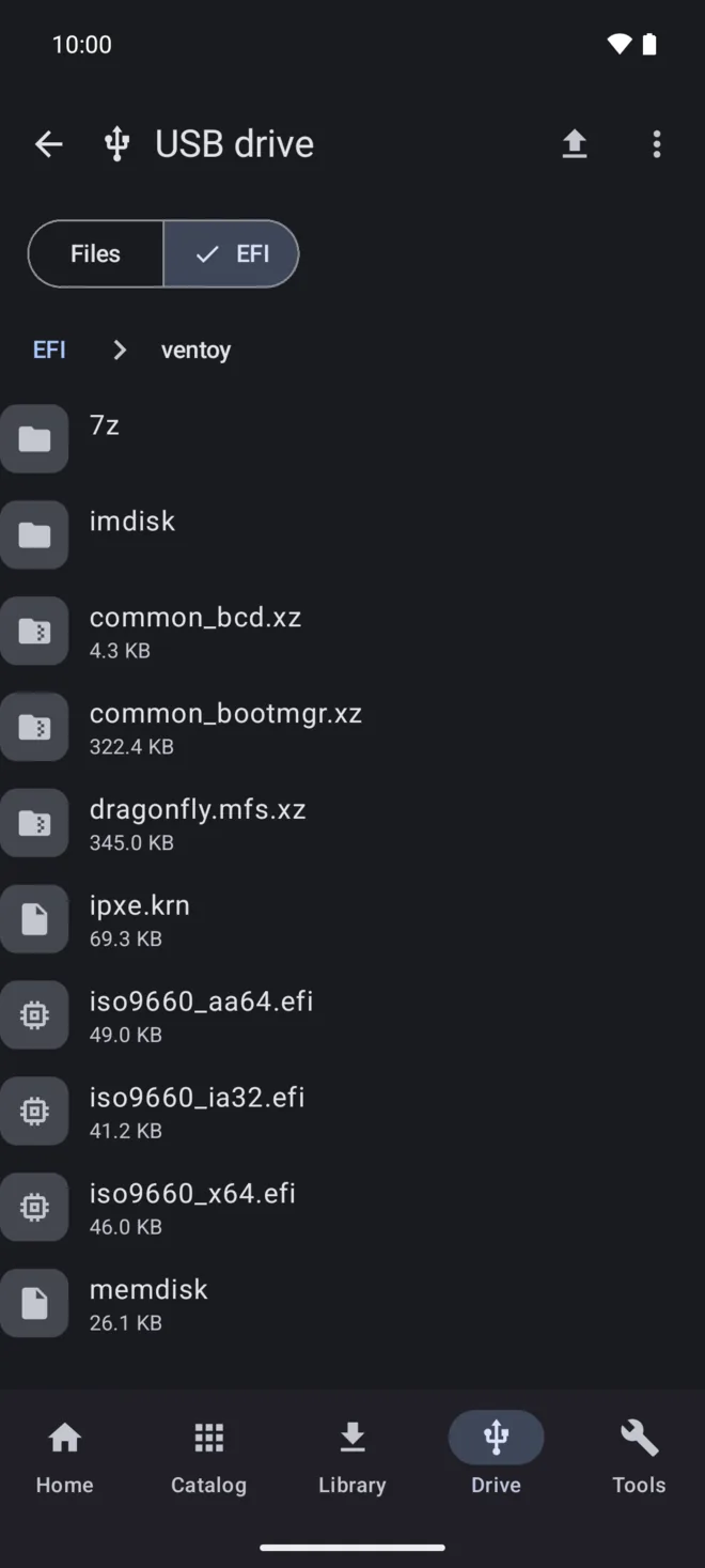 The drive's file browser open on the read-only EFI partition, listing the files inside Ventoy's boot folder with their sizes.