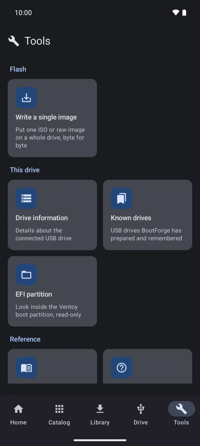The Tools screen offering a single-image write, drive information, remembered drives, and a read-only look inside the Ventoy boot partition.
