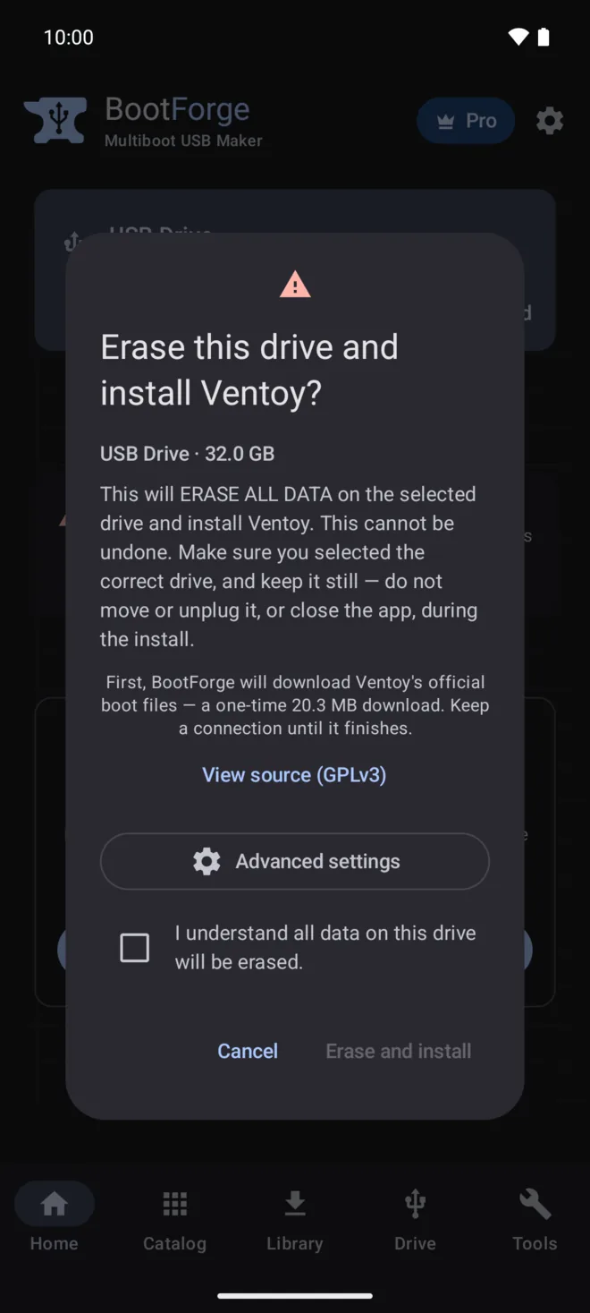 The prepare-drive confirmation warning that installing Ventoy erases all data on the selected drive, with the consent checkbox still unticked.